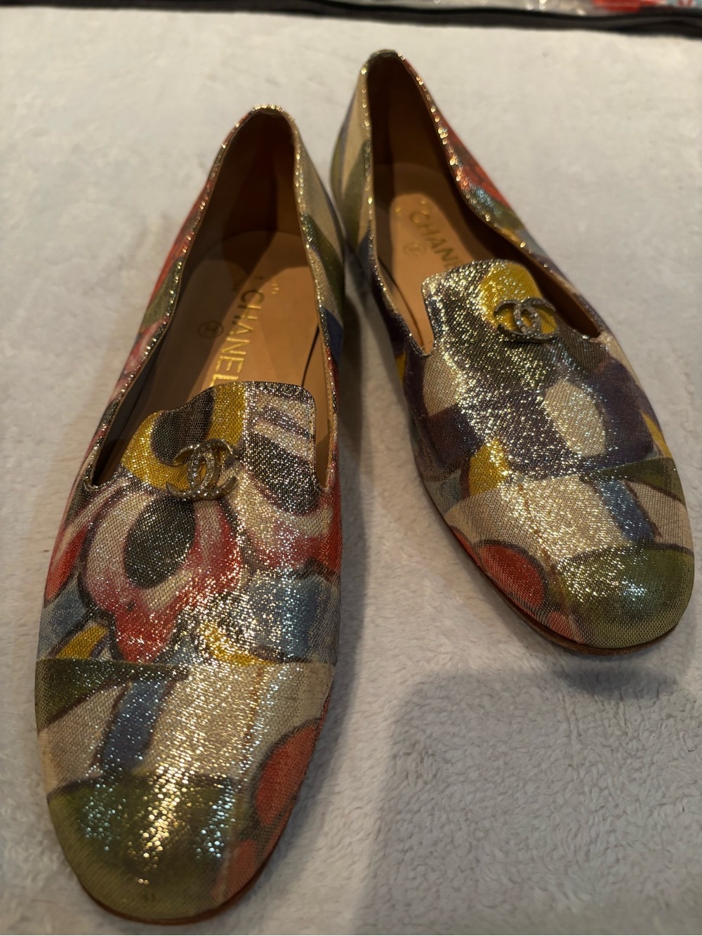 CHANEL Multicolor Glitter Canvas Loafers with Gold CC